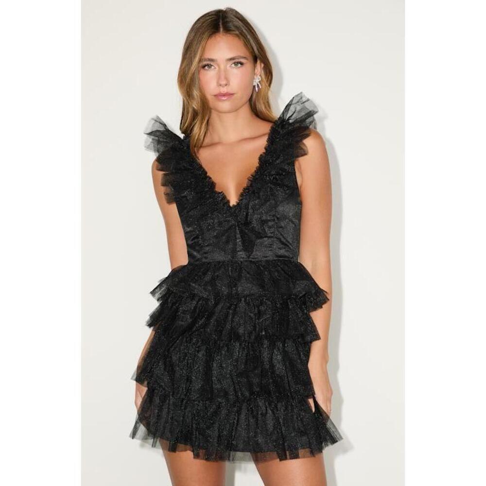 Lulus Striking Sensation Black Tulle Tiered Ruffled Mini Dress - Size L